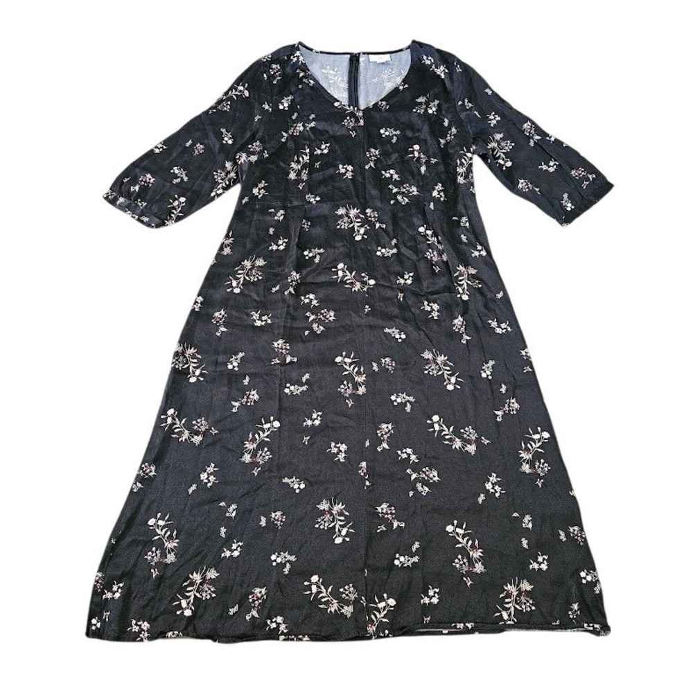 J. Jill Women Black Floral Rayon Midi Dress Women Large Petite V-Neck 3/4 Sleeve